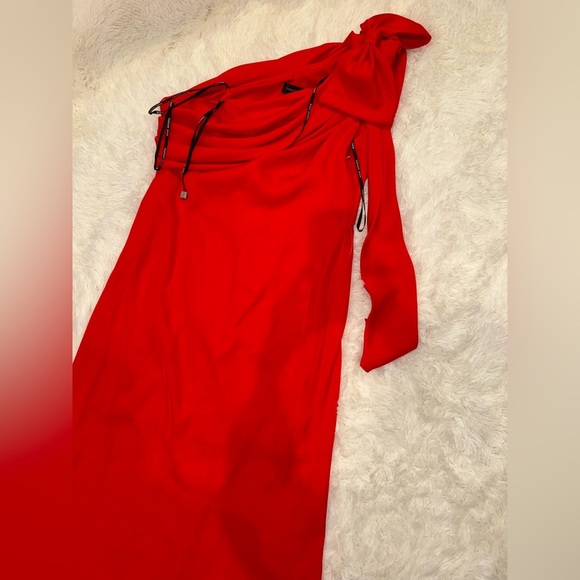 NWOT Tadashi Shoji One-Shoulder Bow Crepe Column Gown Sz 16 red rose - Picture 6 of 10